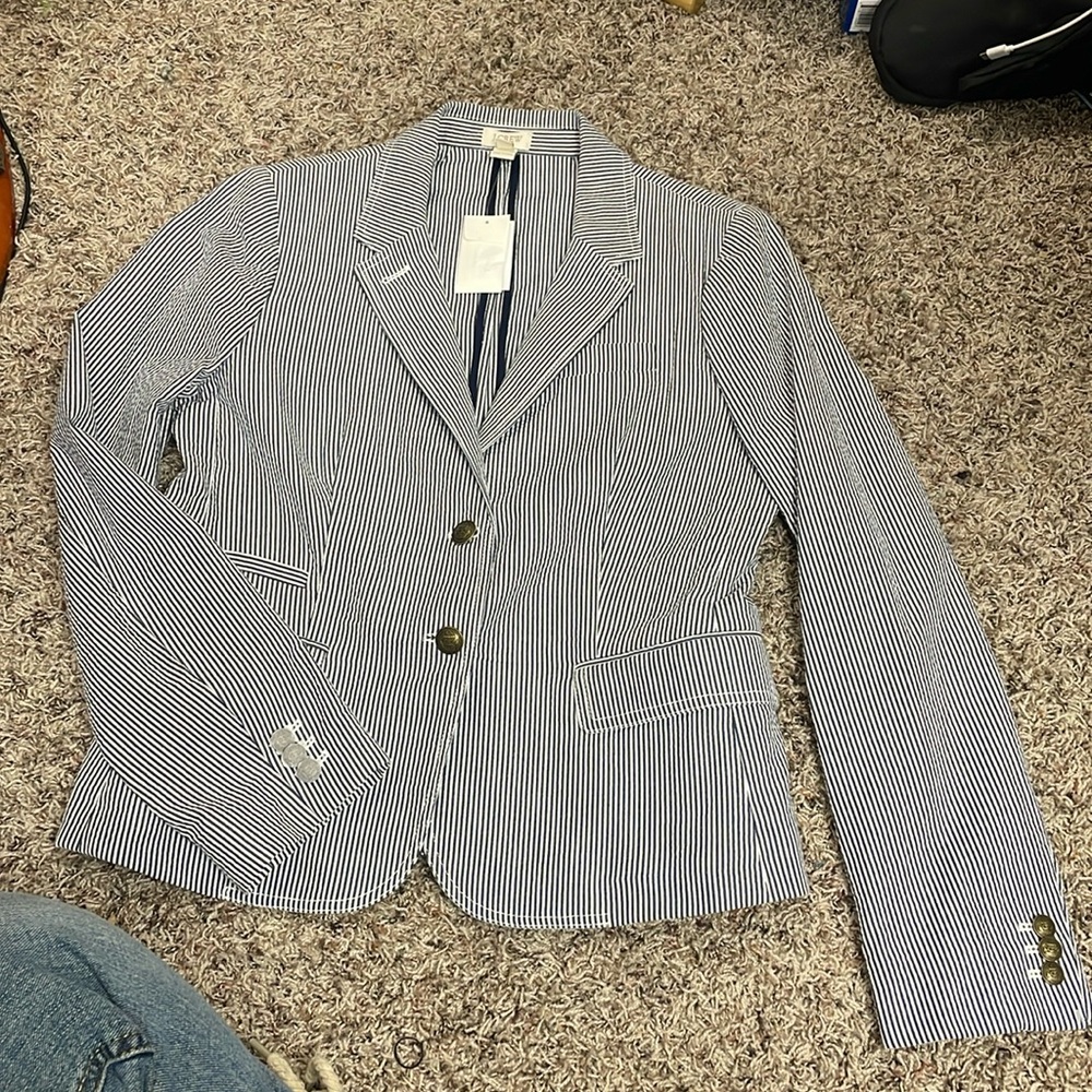 NWT J. Crew Women’s Blazer Navy and White Stripes Size 10 Fake Pockets